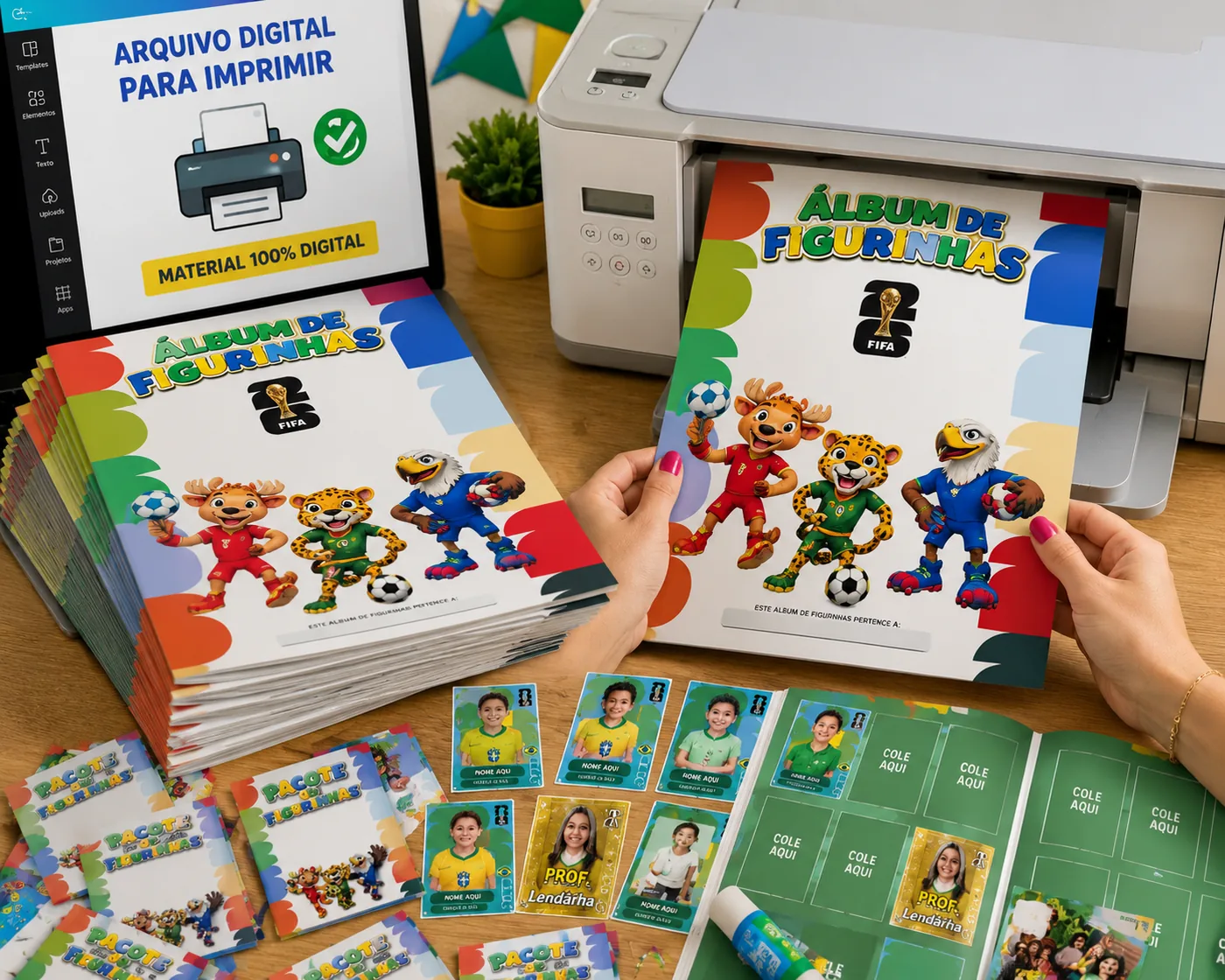 Álbuns da Copa impressos em casa, prontos para entregar à turma