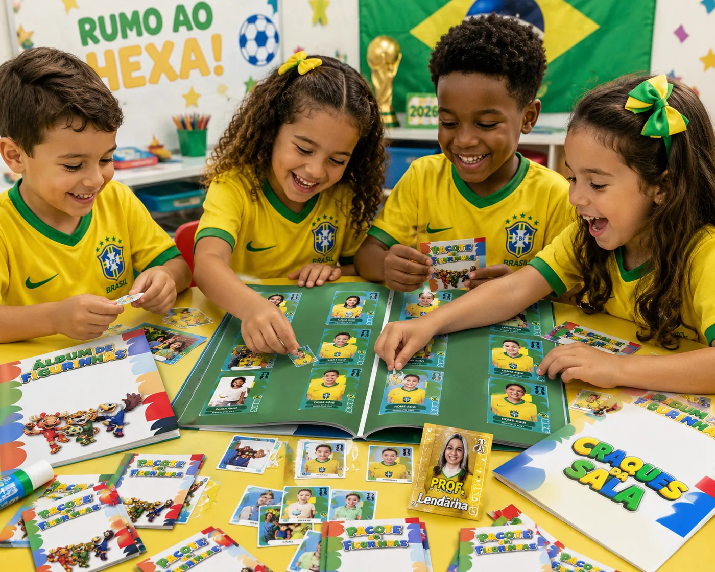 Crianças sorrindo e colando figurinhas em sala de aula