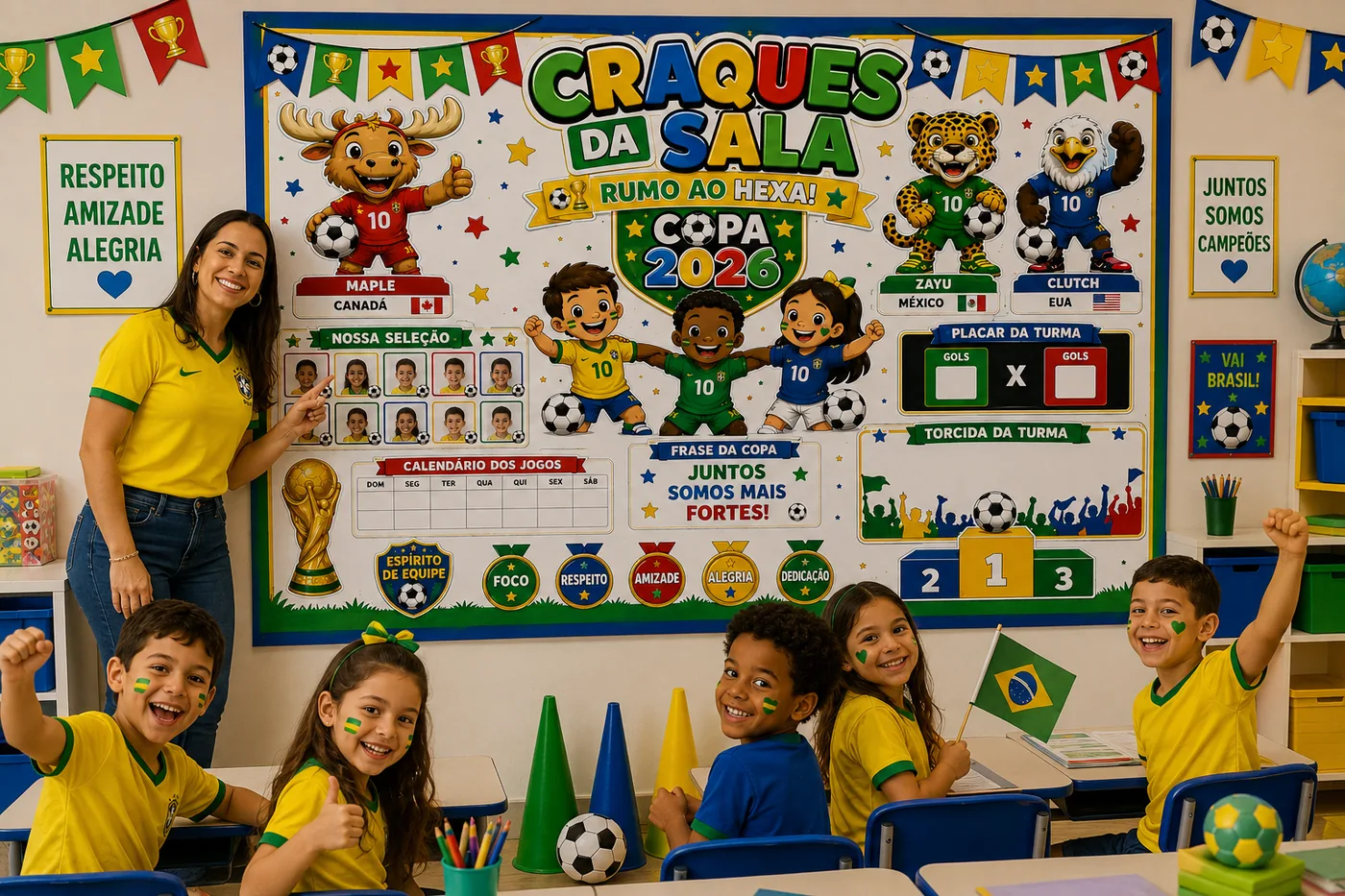 Painel Copa do Mundo montado em sala de aula